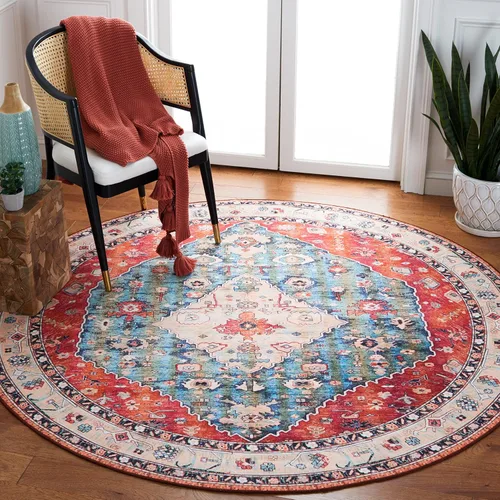 Miniatura 9 de SAFAVIEH Alfombra lavable Tucson Collection - 2 pies 6 pulgadas x 4 pies, beige y azul, antideslizante y fácil de limpiar, ideal para sala de estar
