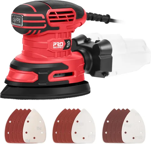 Prostormer Detail Sander, 13000RPM Mouse Sander, 1.6A Electric Palm Sanders with 15Pcs Sandpapers, Dust Collection Box for Tight Spaces Sanding,