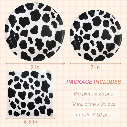 Miniatura 7 de 100 Piezas Suministros de Fiesta de Cumpleaños con Estampado de Vaca, Incluye 50 Piezas Platos de Vaca y 50 Piezas Servilletas de Vaca, Suministros
