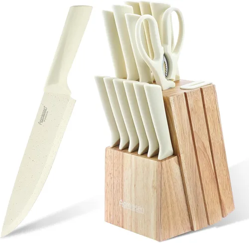 Juego de cuchillos de acero inoxidable, juegos de bloques de cuchillos con afilador integrado, juego de bloques de 15 piezas con bloque y asas
