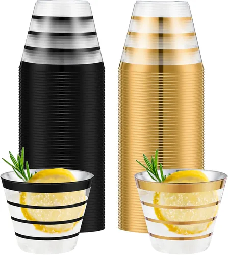 Miniatura 9 de Gejoy 100 vasos de plástico de 9 onzas con borde de Navidad a rayas, desechables a granel, vasos de plástico duro para beber, vasos para bodas, Rojo