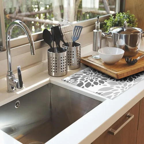 Miniatura 6 de Tapete de secado de platos de dalia blanca y negra para decoración de encimera de cocina, almohadilla geométrica para secado de platos, microfibra