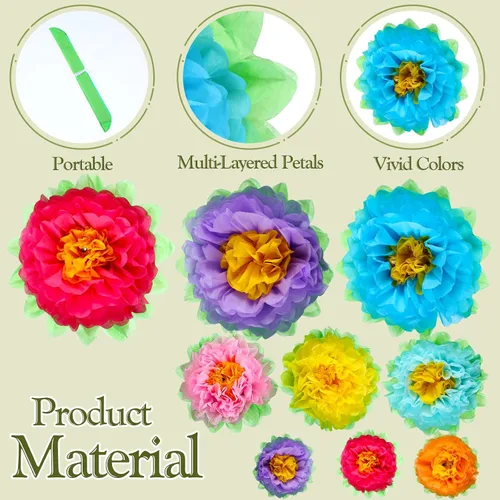 Miniatura 3 de Tigeen Juego de 51 flores de papel mexicanas gigantes de tejido 3D, Mardi Gras, carnavales, crepé colorido, fiesta, flores de papel para pared