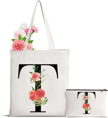 Miniatura 13 de Bolsa de lona con letra inicial personalizada, regalo para el día de la madre, damas de honor, novia, cumpleaños, boda Flower-D