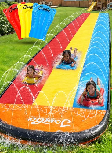 Miniatura 10 de JAMBO Tobogán acuático de doble carril de 22.5 pies con 2 tablas de bodyboard con rociador integrado para diversión acuática en el patio trasero al