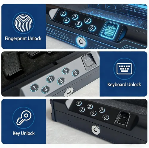 Miniatura 2 de Caja fuerte para pistolas VORanexs con tres formas de acceso: reconocimiento biométrico, llave, contraseña digital. Es una caja fuerte compacta