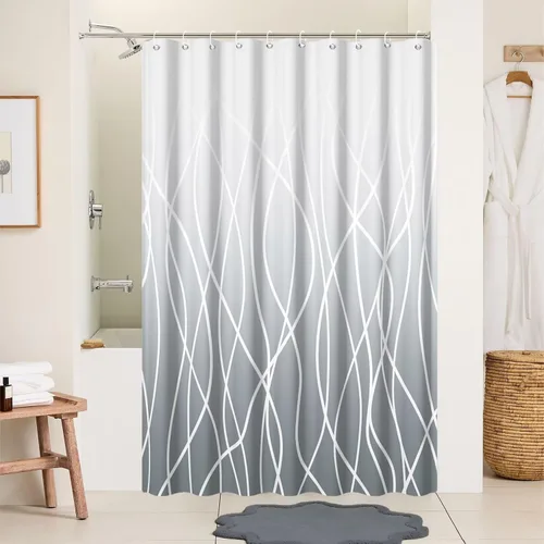 Miniatura 72 de Cortina de ducha pequeña a rayas gris claro degradado para baño, 36 x 72 pulgadas, juego de cortina de ducha geométrica para cabina de RV