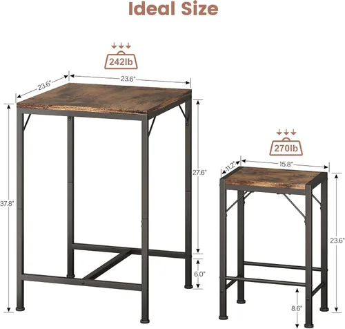 Miniatura 6 de Homeiju Juego de mesa y sillas de bar, mesa de bar cuadrada con 2 taburetes, juego de comedor que ahorra espacio para 2, perfecto para cocina
