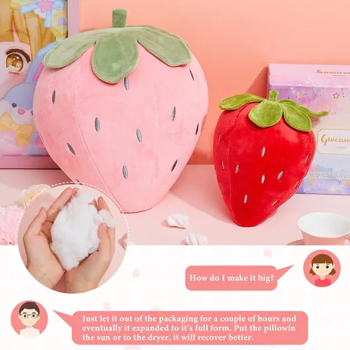 Miniatura 4 de Juexica 2 piezas de almohada de fresa de 15.7 pulgadas 9.8 pulgadas, almohada de felpa de fruta, suave decoración de dormitorio de fresa kawaii
