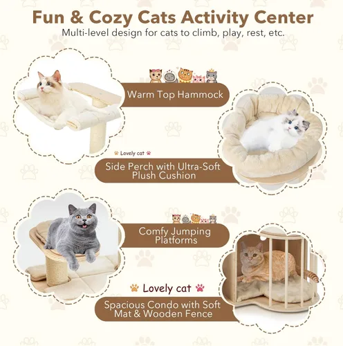 Miniatura 7 de Tangkula Árbol de madera para gatos de interior, centro de actividades de torre para gatos de varios niveles de 55 pulgadas con hamaca, condominio