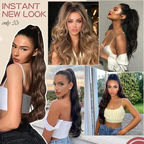 Miniatura 7 de FELENDY Extensión de cola de caballo, extensiones de cabello rizado ondulado de 18 pulgadas para mujer, extensiones de cabello sintético con clip