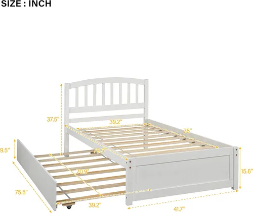 Miniatura 2 de P PURLOVE Cama de plataforma de madera maciza tamaño individual con marco de cama nido de madera con cabecero para niños, adolescentes Blanco