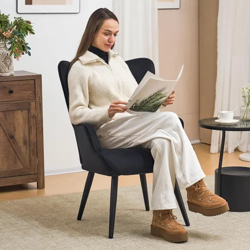 Miniatura 4 de Furniliving Silla de Acento de Terciopelo para Sala de Estar, Silla de Lectura Tapizada con Respaldo Alto, Sillón de Respaldo Alado con Botones Negro