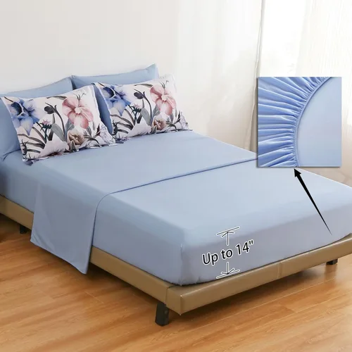 Miniatura 4 de Luxudecor Juego de edredón floral tamaño King de 7 piezas, cama de flores azules en una bolsa, elegante edredón floral con juego de sábanas, juego