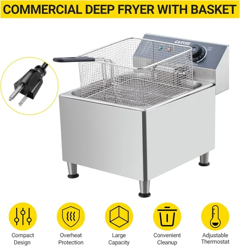 Miniatura 4 de Freidora comercial doble de 3400 W, freidora de encimera de acero inoxidable 201 con 2 cestas ajustables, tapas protectoras contra salpicaduras