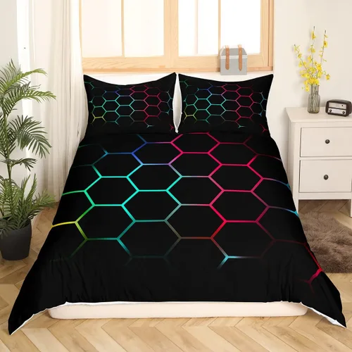 Miniatura 25 de Funda de edredón de panal para niños, hombres y niñas, juego de ropa de cama moderno con temática geométrica hexagonal, diseño de cuadrícula