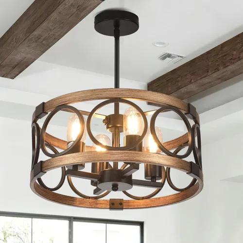 Miniatura 8 de Lámpara de techo para montaje semiempotrado de 3 luces, lámpara de comedor negra de 15.7 pulgadas, lámpara colgante de tambor rústico con acabado