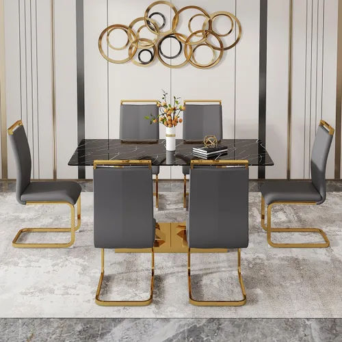 Miniatura 3 de Juego de Mesa de Comedor de Mármol Falso de 63" para 6, Juego de Mesa de Comedor Negro para 6, Juego de Mesa de Cocina Rectangular con Sillas