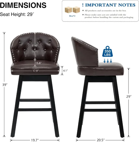 Miniatura 2 de Juego de 2 taburetes de bar giratorios de 29 pulgadas, taburetes de bar tapizados con respaldo, sillas modernas de altura de mostrador para isla