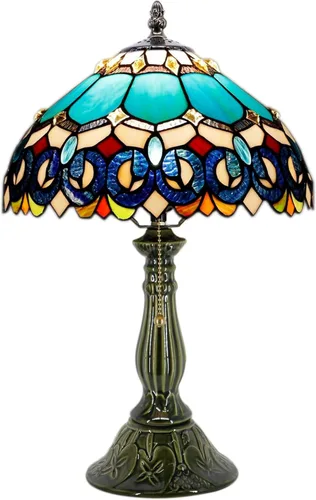 Tiffany Lamp Stained Glass Table Lamps Blue Jewelry Baroque Style Desk Lamp 12X12X18.5 Inch Bronze Ceramic Base Reading Light Suitable for Bedside