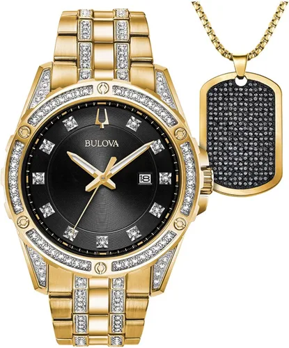 Bulova Juego de caja de reloj calendario de cuarzo para hombre cristal de acero inoxidable tono dorado Modelo 98K107 Tono dorado Vestido