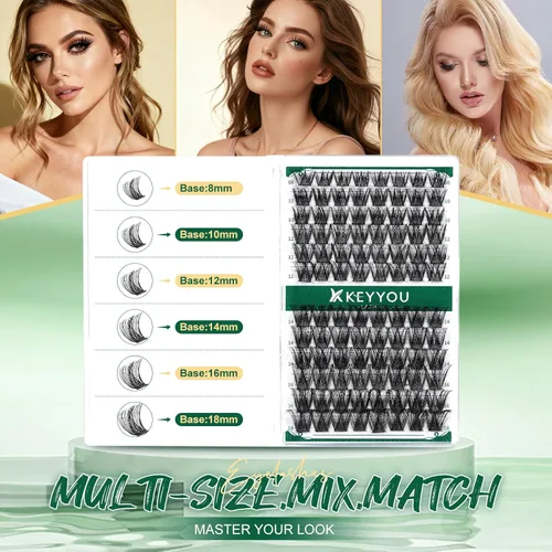 Miniatura 4 de KEYYOU Racimos de pestañas, 96 piezas de extensiones de pestañas DIY, rizado D de 16 mm, negro, realista, no irritante, fácil de colocar en casa