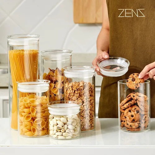 Miniatura 4 de ZENS Juego de 2 recipientes de almacenamiento de vidrio para pasta de espaguetis con tapas, recipientes herméticos transparentes de 65 onzas de alto