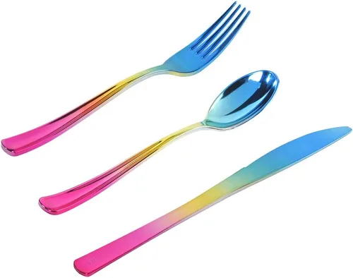 Enjoylife - 120 cubiertos plásticos, cubiertos plásticos de arcoiris, dorado y azul (arcoiris)