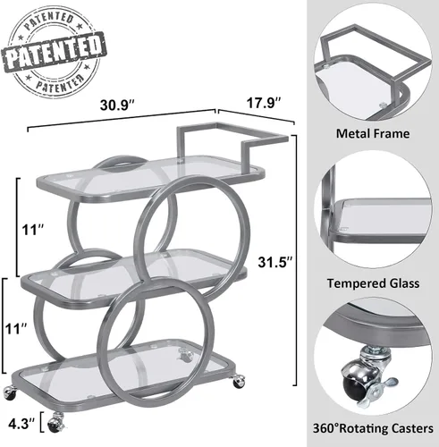 Miniatura 6 de Carritos de Bar para Servir del Hogar, Carritos de Cocina de 3 Niveles con Ruedas, Carritos de Bar Móviles para Cocina, Comedor, Sala de Estar, Gris