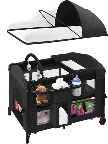 Miniatura 12 de Cuna de bebé 5 en 1, cuna de noche ajustable de 6 alturas para bebé, cuna mecedora con cómodo colchón y ruedas bloqueables, cesta de almacenamiento
