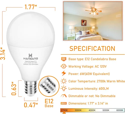 Focos LED E12 para ventilador de techo, 60 W equivalentes, focos LED de base de candelabro E12, luz blanca cálida 2700K, focos LED de base pequeña