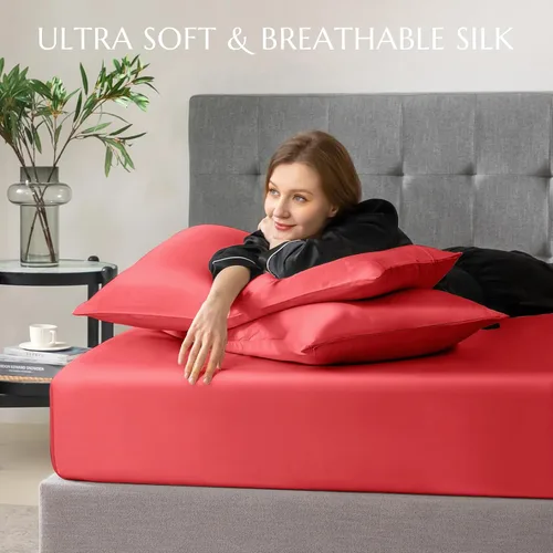 Miniatura 68 de THXSILK Juego de sábanas bajeras de 100% seda de morera, 3 piezas de seda 7A+, transpirable, suave, sábana bajera de 16 pulgadas de profundidad, 2