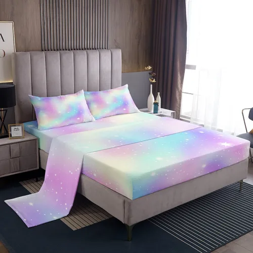 Miniatura 35 de Juego de sábana bajera ajustable de teñido anudado para niñas, juego de ropa de cama con diseño de arco iris degradado de arcoíris, lindo juego