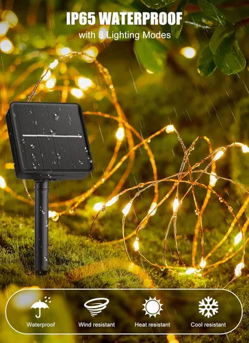 Miniatura 4 de Brightown Guirnalda de luces solares, 2 paquetes de 200 luces LED solares de 66 pies con 8 modos, luces solares impermeables para exteriores, patio