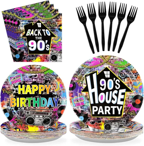 96 piezas de suministros desechables para fiesta de los 90 de estilo casa, platos de papel y servilletas de fiesta de los 90 con grafiti retro,