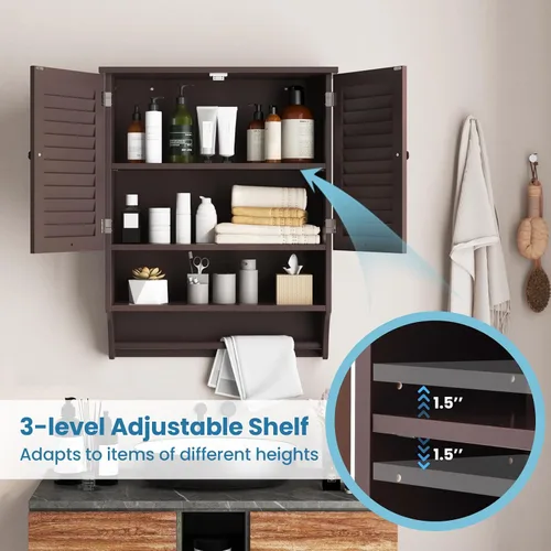 Miniatura 5 de Giantex Armario de baño montado en la pared con 2 puertas con rejillas, estante ajustable de 3 posiciones, toallero, ahorro de espacio sobre