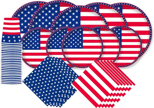 Gatherfun Suministros para Fiestas Patrióticas con Bandera Americana Servilletas Desechables Platos de Papel y Vasos de Papel para el Día de los