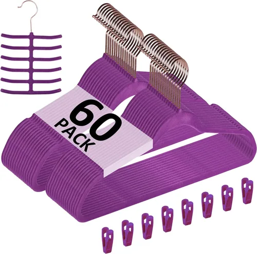Miniatura 10 de VECELO Perchas de terciopelo de alta calidad resistentes (paquete de 60), antideslizantes y ahorran espacio con 8 clips para los dedos y soporte