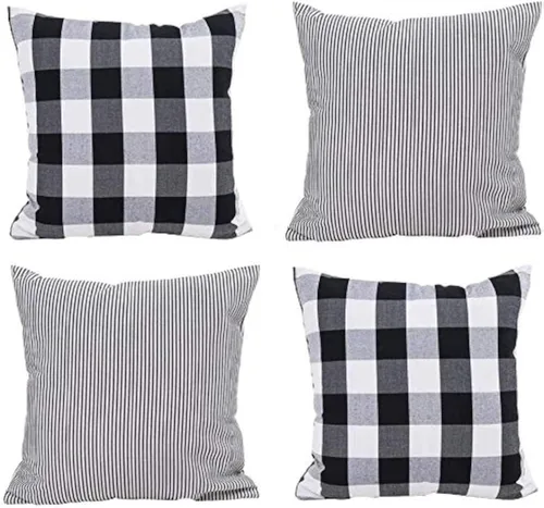Miniatura 8 de HOPLEE Juego de 4 fundas de almohada negras de 18 x 18 pulgadas, fundas de almohada de granja de 18 x 18 pulgadas, color blanco y negro, con diseño