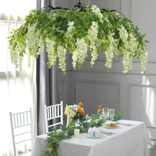 Miniatura 5 de Efavormart 140 cm Crema Artificial de Seda Glicinia Vid Colgante Dosel Redondo, Guirnalda de Flor Candelabro con Ramas Intercambiables