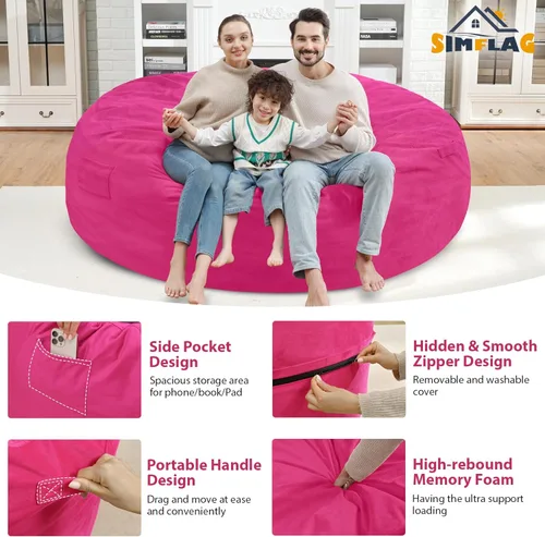 Miniatura 184 de Puf de 5 pies, puf grande con relleno de espuma viscoelástica, sofá puff esponjoso con funda de terciopelo holandés, puf redondo para sala de estar