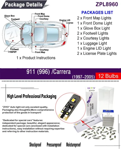 Miniatura 2 de ZIYO ZPL8960 - (12 bombillas) Kit de luz LED interior de repuesto para Porsche 911 996 / Carrera/Turbo/Targa 1997-2005 + paquete de bombillas