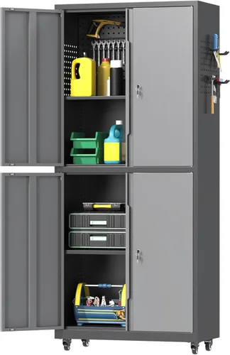 Miniatura 12 de Armario de pared de garaje de metal con puerta abatible hacia arriba, cabenit de herramientas flotante negro con estante ajustable, armarios
