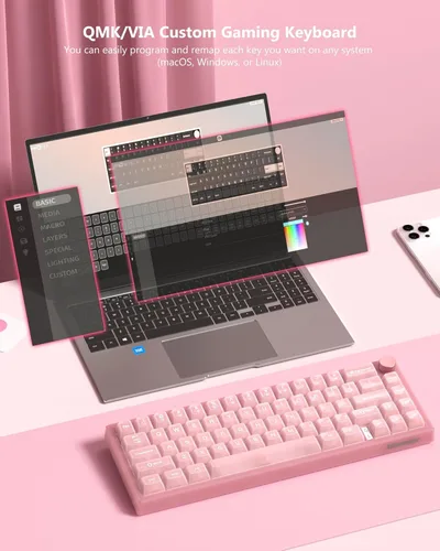 Miniatura 2 de Womier 60% Teclado QMK/VIA, Teclado mecánico rosa para juegos cremoso, montaje de juntas intercambiable en caliente, teclado RGB con cable