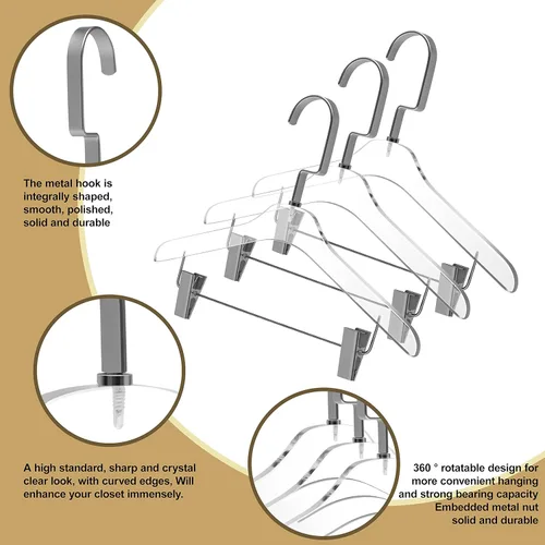 Miniatura 2 de Perchas de acrílico Lucite de calidad de 12.5 pulgadas para pantalones, paquete de 4, elegante colgador de ropa con ganchos dorados o plateados