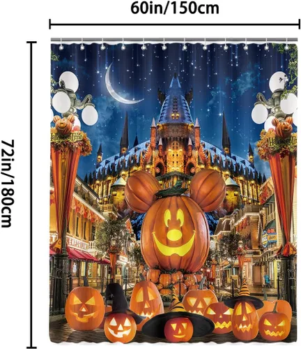 Miniatura 6 de Cortina de ducha de Halloween para baño, niños, caricatura, calabaza, sombrero de mago, luna, castillo, estrella, lámpara de calle, decoración