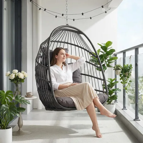 Miniatura 15 de NICESOUL Silla de huevo sin soporte para interiores y exteriores, cómoda silla colgante de mimbre para patio con cojín, hamaca columpio de 350 Beige