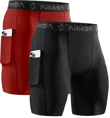Miniatura 7 de Niksa Paquete de 2/4 pantalones cortos de compresión para hombre con bolsillo, pantalones cortos de elastano para correr, deportes, atletismo