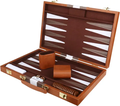 Miniatura 10 de Juego de Backgammon - Juego de mesa clásico con funda de cuero de primera calidad - Juego de estrategia de viaje portátil de backgammon para adultos