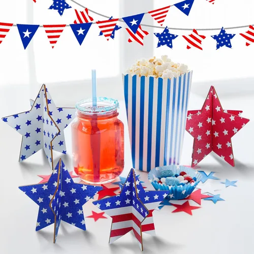Miniatura 3 de Bucherry 4 juegos de centros de mesa patrióticos para el Día de los Caídos de madera, letreros de estrellas de madera, rojo, blanco, azul, 4